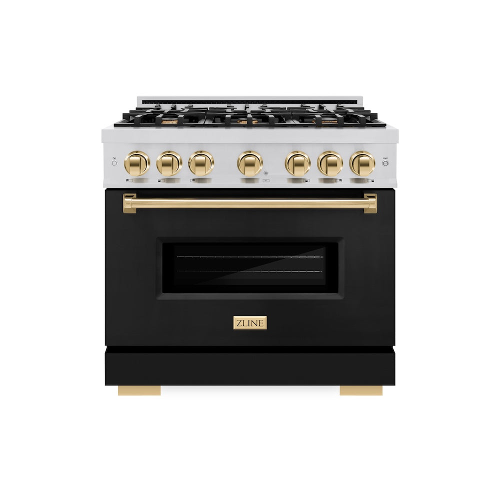 Autograph Edition 36 In. 5.2 Cu. Ft. Classic Dual Fuel Range With 6 Burner Gas Cooktop And Electric Convection Oven In Stainless Steel With Black Matte Door And Polished Gold Accents CDRZBLM36G