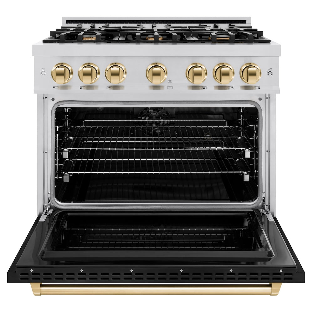 Autograph Edition 36 In. 5.2 Cu. Ft. Classic Dual Fuel Range With 6 Burner Gas Cooktop And Electric Convection Oven In Stainless Steel With Black Matte Door And Polished Gold Accents CDRZBLM36G