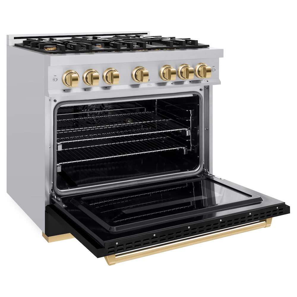 Autograph Edition 36 In. 5.2 Cu. Ft. Classic Dual Fuel Range With 6 Burner Gas Cooktop And Electric Convection Oven In Stainless Steel With Black Matte Door And Polished Gold Accents CDRZBLM36G