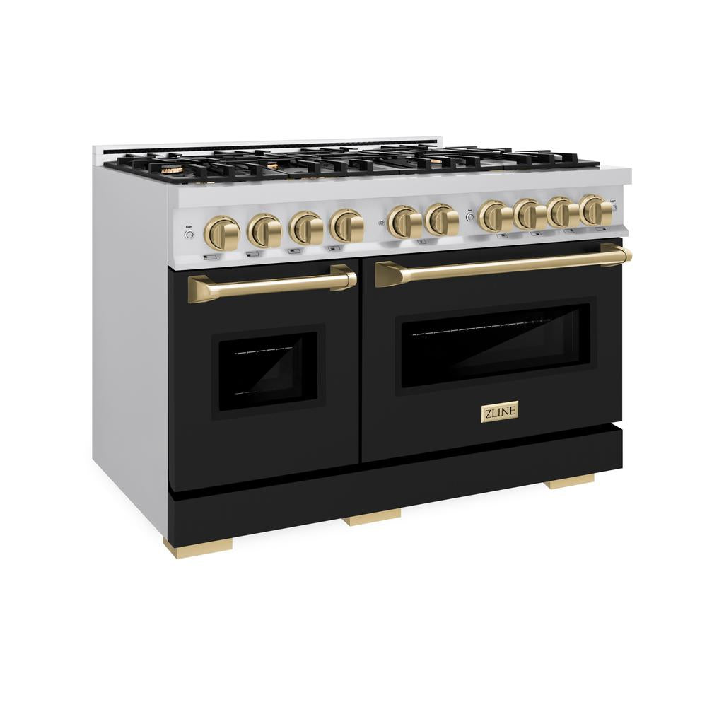 Autograph Edition 48 In. 6.7 Cu. Ft. Classic Double Oven Dual Fuel Range With 8 Burner Gas Cooktop In Stainless Steel With Black Matte Doors And Champagne Bronze Accents CDRZBLM48CB
