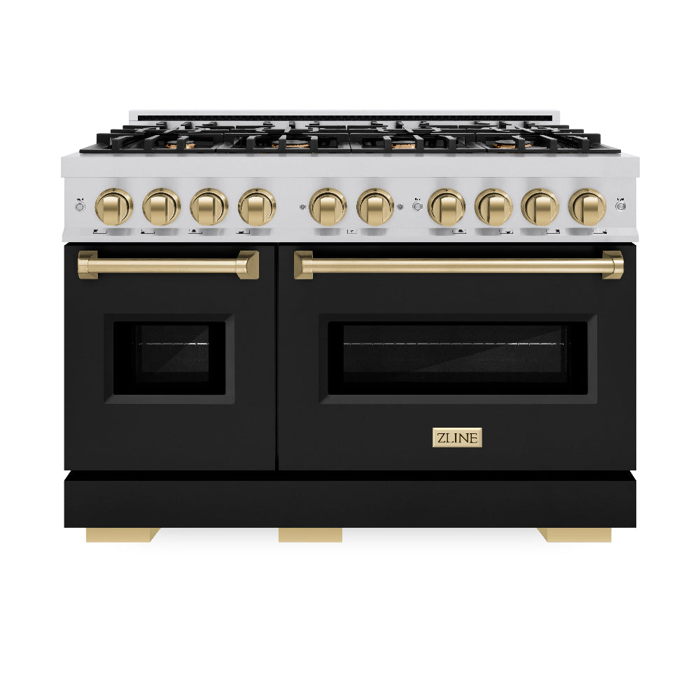 Autograph Edition 48 In. 6.7 Cu. Ft. Classic Double Oven Dual Fuel Range With 8 Burner Gas Cooktop In Stainless Steel With Black Matte Doors And Champagne Bronze Accents CDRZBLM48CB