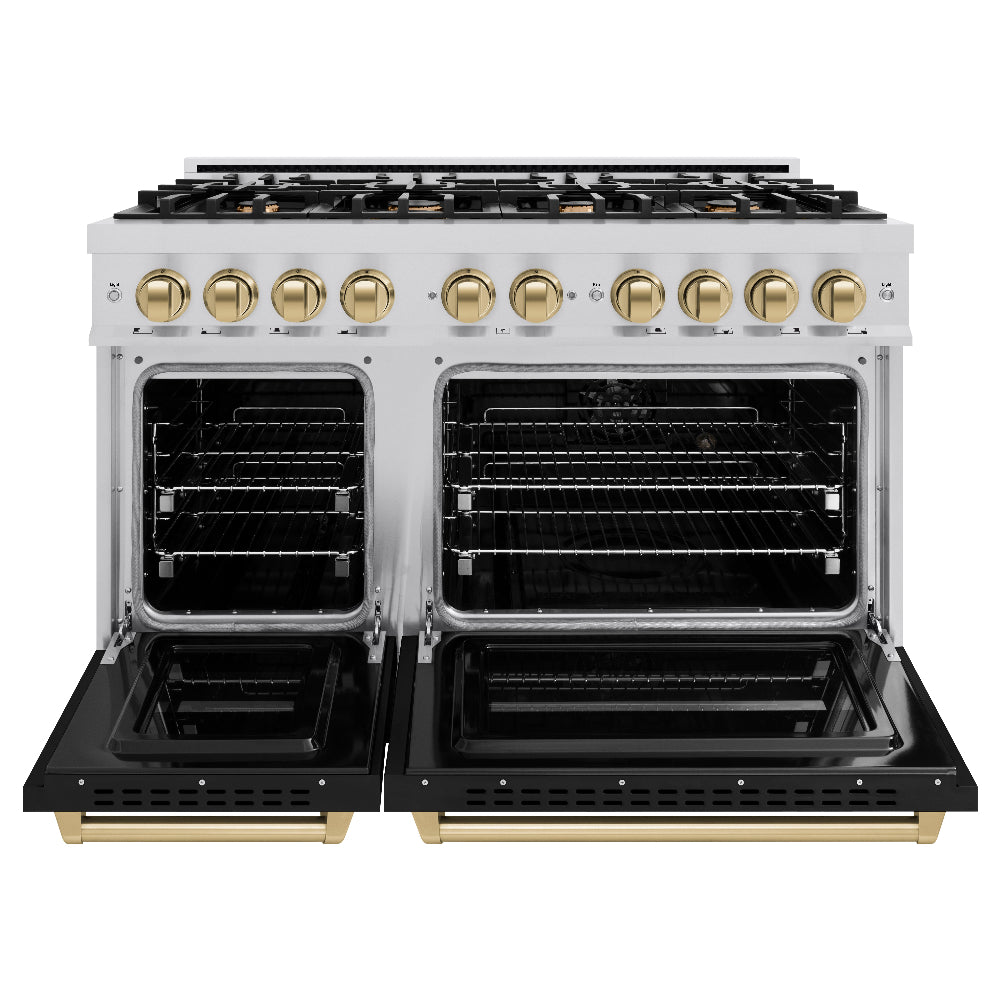 Autograph Edition 48 In. 6.7 Cu. Ft. Classic Double Oven Dual Fuel Range With 8 Burner Gas Cooktop In Stainless Steel With Black Matte Doors And Champagne Bronze Accents CDRZBLM48CB