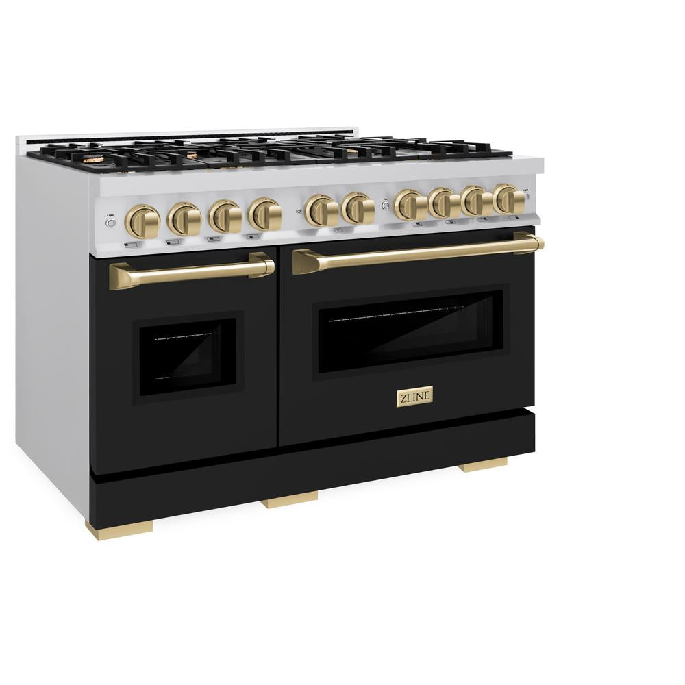 Autograph Edition 48 In. 6.7 Cu. Ft. Classic Double Oven Dual Fuel Range With 8 Burner Gas Cooktop In Stainless Steel With Black Matte Doors And Champagne Bronze Accents CDRZBLM48CB