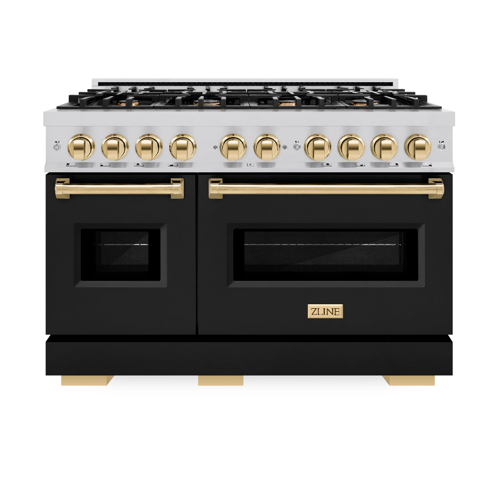 Autograph Edition 48 In. 6.7 Cu. Ft. Classic Double Oven Dual Fuel Range With 8 Burner Gas Cooktop In Stainless Steel With Black Matte Doors And Polished Gold Accents CDRZBLM48G