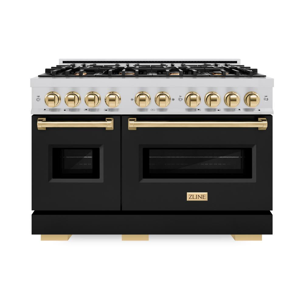 Autograph Edition 48 In. 6.7 Cu. Ft. Classic Double Oven Dual Fuel Range With 8 Burner Gas Cooktop In Stainless Steel With Black Matte Doors And Polished Gold Accents CDRZBLM48G