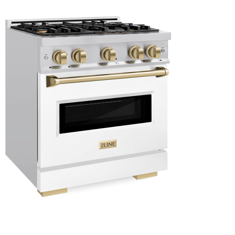 Autograph Edition 30 In. 4.2 Cu. Ft. Classic Dual Fuel Range With 4 Burner Gas Cooktop And Electric Convection Oven In Stainless Steel With White Matte Door And Champagne Bronze Accents CDRZWM30CB