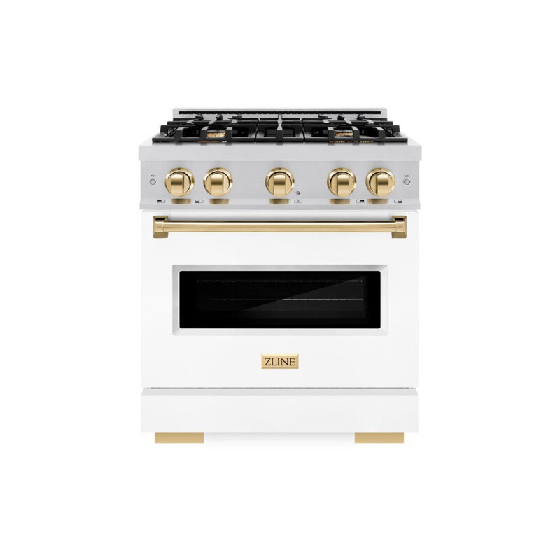 Autograph Edition 30 In. 4.2 Cu. Ft. Classic Dual Fuel Range With 4 Burner Gas Cooktop And Electric Convection Oven In Stainless Steel With White Matte Door And Polished Gold Accents CDRZWM30G