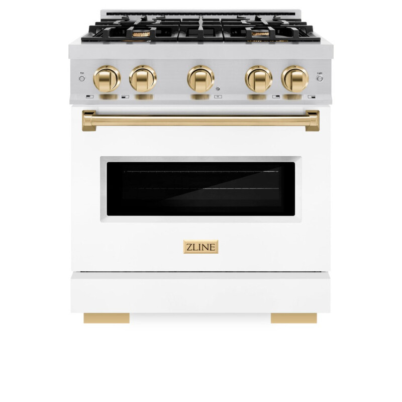 Autograph Edition 30 In. 4.2 Cu. Ft. Classic Dual Fuel Range With 4 Burner Gas Cooktop And Electric Convection Oven In Stainless Steel With White Matte Door And Polished Gold Accents CDRZWM30G