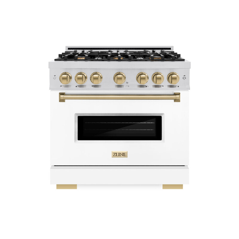 Autograph Edition 36 In. 5.2 Cu. Ft. Classic Dual Fuel Range With 6 Burner Gas Cooktop And Electric Convection Oven In Stainless Steel With White Matte Door And Champagne Bronze Accents CDRZWM36CB