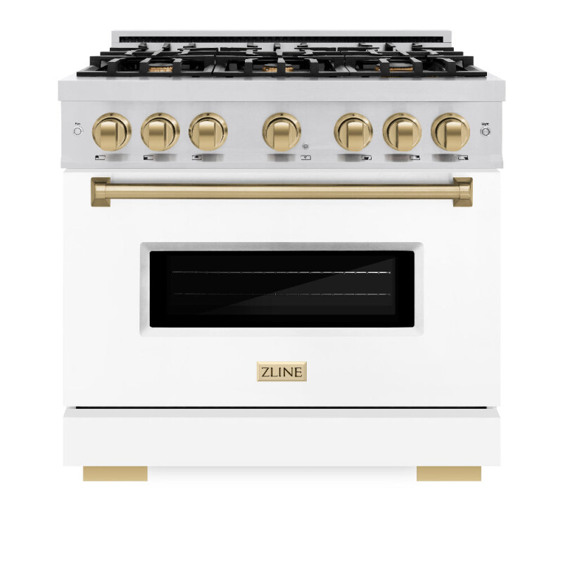 Autograph Edition 36 In. 5.2 Cu. Ft. Classic Dual Fuel Range With 6 Burner Gas Cooktop And Electric Convection Oven In Stainless Steel With White Matte Door And Champagne Bronze Accents CDRZWM36CB