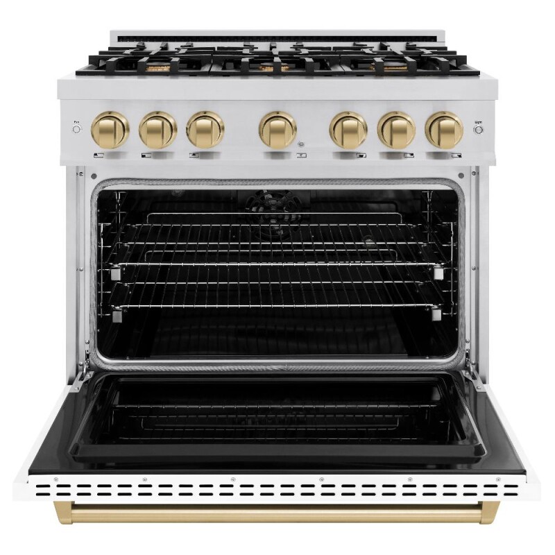 Autograph Edition 36 In. 5.2 Cu. Ft. Classic Dual Fuel Range With 6 Burner Gas Cooktop And Electric Convection Oven In Stainless Steel With White Matte Door And Champagne Bronze Accents CDRZWM36CB