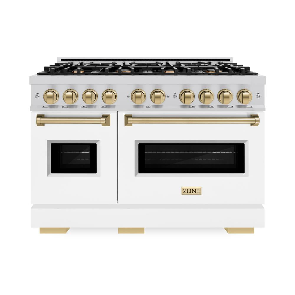 Autograph Edition 48 In. 6.7 Cu. Ft. Classic Double Oven Dual Fuel Range With 8 Burner Gas Cooktop In Stainless Steel With White Matte Doors And Champagne Bronze Accents CDRZWM48CB