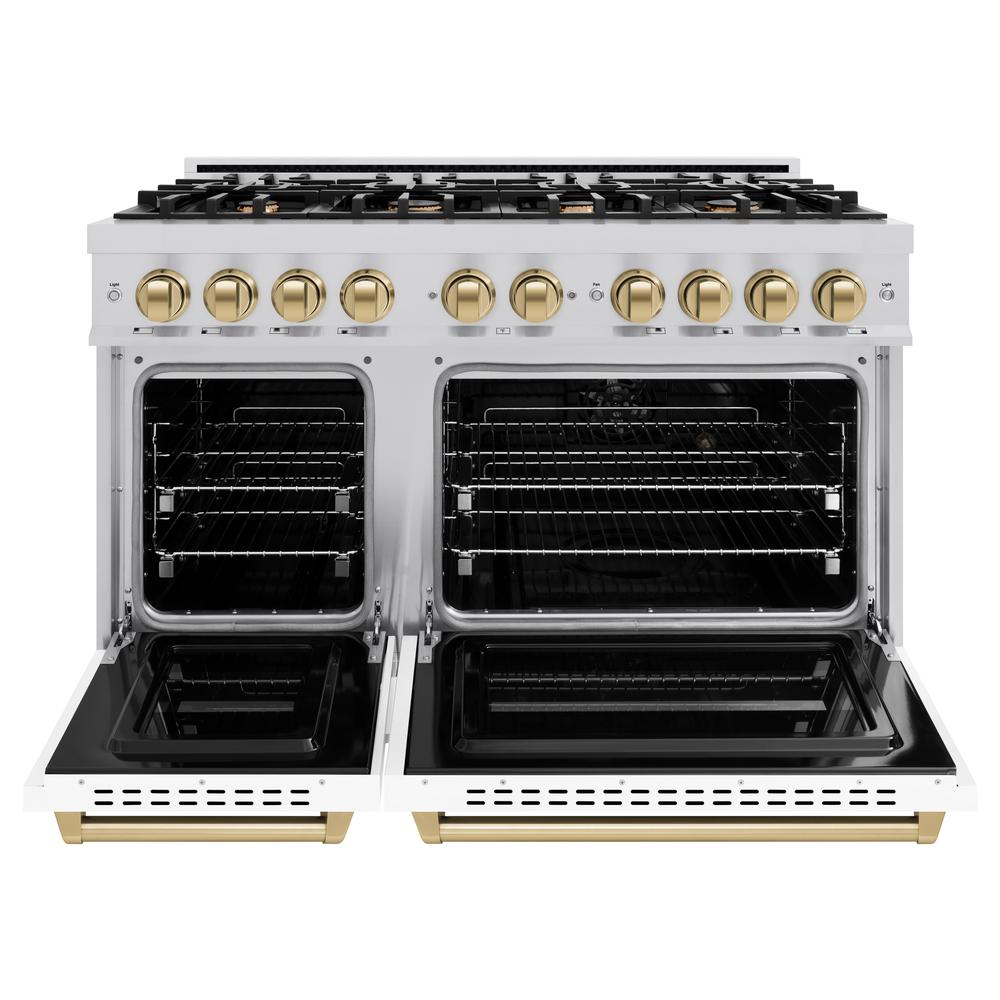 Autograph Edition 48 In. 6.7 Cu. Ft. Classic Double Oven Dual Fuel Range With 8 Burner Gas Cooktop In Stainless Steel With White Matte Doors And Champagne Bronze Accents CDRZWM48CB