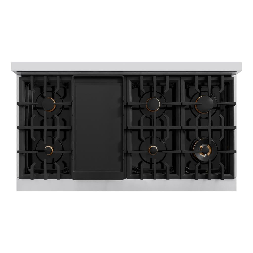Autograph Edition 48 In. 6.7 Cu. Ft. Classic Double Oven Dual Fuel Range With 8 Burner Gas Cooktop In Stainless Steel With White Matte Doors And Champagne Bronze Accents CDRZWM48CB