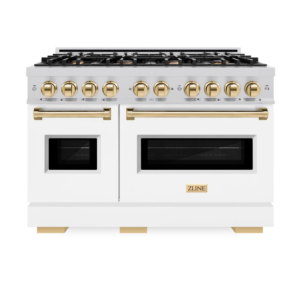 Autograph Edition 48 In. 6.7 Cu. Ft. Classic Double Oven Dual Fuel Range With 8 Burner Gas Cooktop In Stainless Steel With White Matte Doors And Polished Gold Accents CDRZWM48G