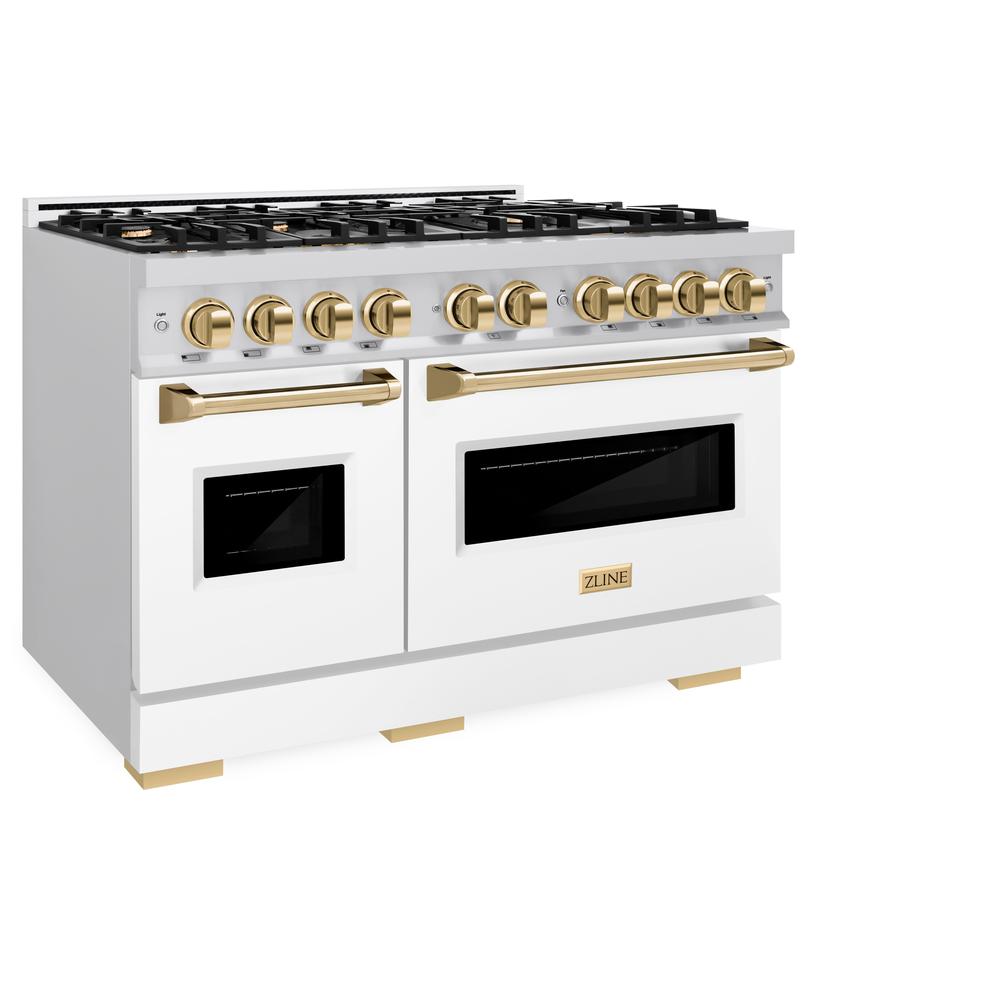 Autograph Edition 48 In. 6.7 Cu. Ft. Classic Double Oven Dual Fuel Range With 8 Burner Gas Cooktop In Stainless Steel With White Matte Doors And Polished Gold Accents CDRZWM48G