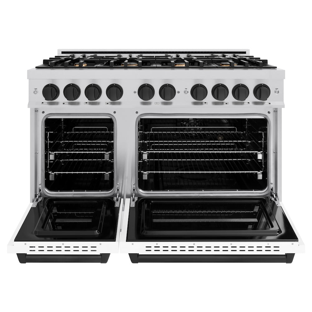Autograph Edition 48 In. 6.7 Cu. Ft. Classic Double Oven Dual Fuel Range With 8 Burner Gas Cooktop In Stainless Steel With White Matte Door And Matte Black Accents CDRZWM48MB