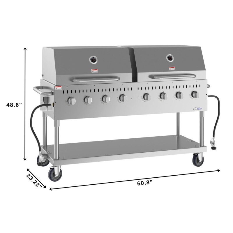 60 in. 8-Burner Commercial Outdoor Propane Gas Grill with 2 Roll Dome Covers in Stainless-Steel, ETL Listed CGKIT6D30D30, product image 3 of 13