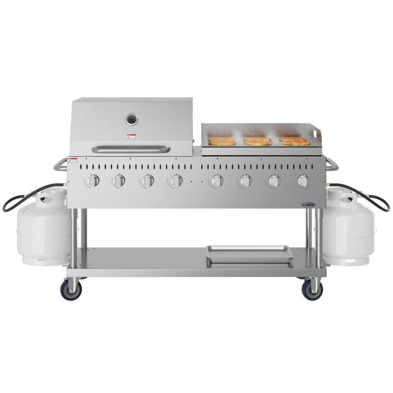 60 in. 8-Burner Commercial Outdoor Propane Gas Grill with 30 in. Roll Dome Cover and 30 in. Griddle in Stainless-Steel, ETL Listed CGKIT6D30G30