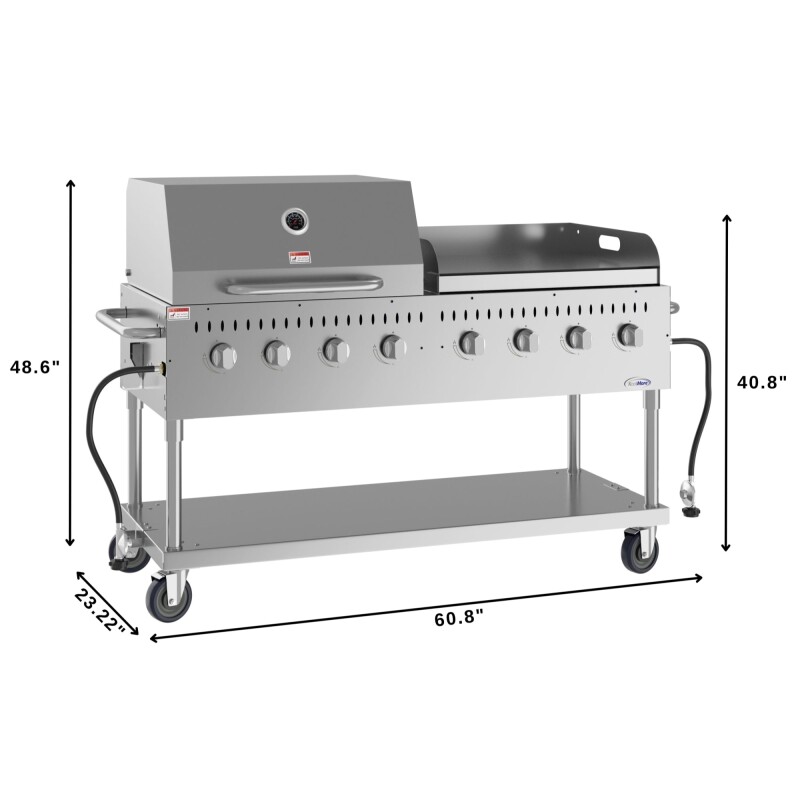 60 in. 8-Burner Commercial Outdoor Propane Gas Grill with 30 in. Roll Dome Cover and 30 in. Griddle in Stainless-Steel, ETL Listed CGKIT6D30G30, product image 3 of 12