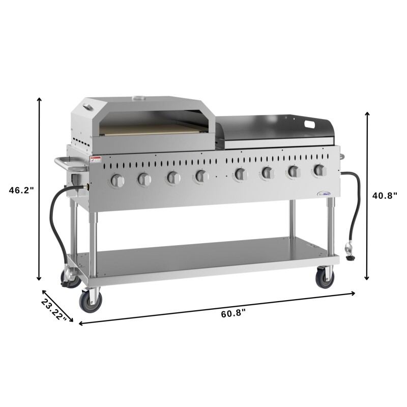 60 in. 8-Burner Commercial Outdoor Propane Gas Grill with 30 in. Griddle and 30 in. Pizza Oven in Stainless-Steel, ETL Listed CGKIT6G30P30, product image 3 of 13