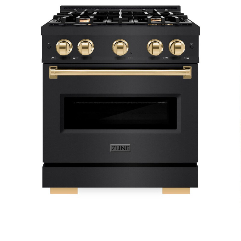Autograph Edition 30 In. 4.2 Cu. Ft. Classic Gas Range With 4 Burner Cooktop And Convection Gas Oven In Black Stainless Steel And Polished Gold Accents CGRBZ30G