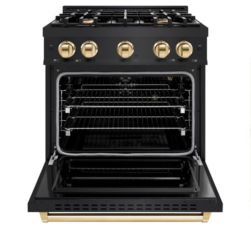 Autograph Edition 30 In. 4.2 Cu. Ft. Classic Gas Range With 4 Burner Cooktop And Convection Gas Oven In Black Stainless Steel And Polished Gold Accents CGRBZ30G