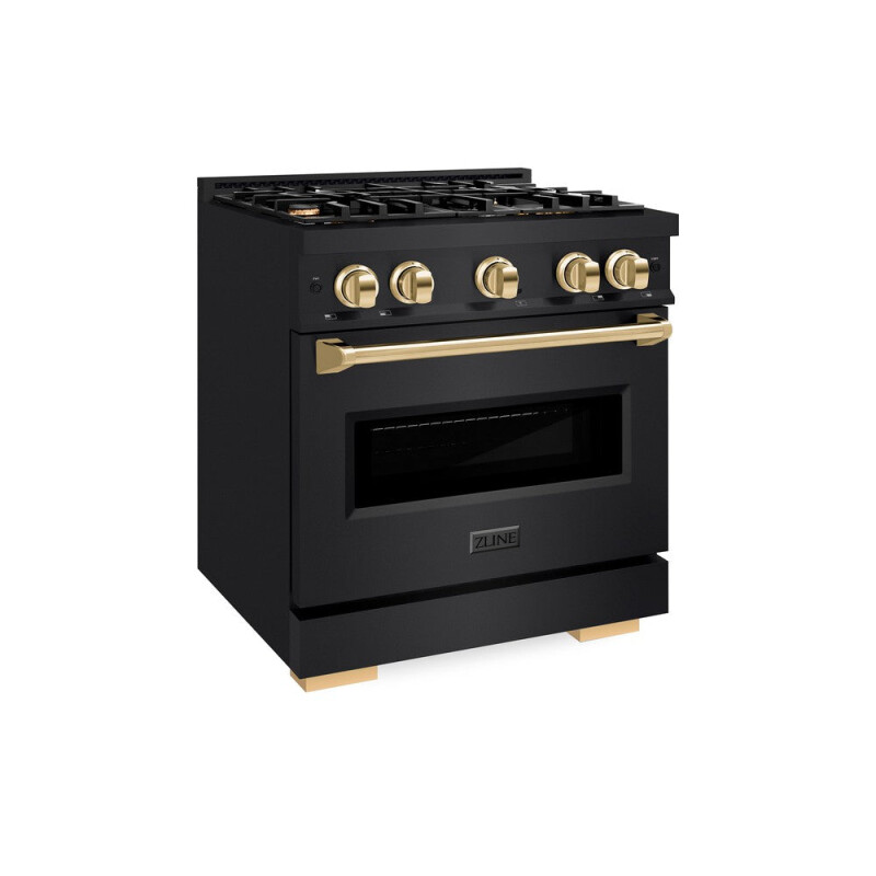 ZLINE Autograph Edition 30 in. 4.2 cu. ft. Classic Gas Range with 4 Burner Cooktop and Convection Gas Oven in Black Stainless Steel and Polished Gold Accents (CGRBZ-30-G) CGRBZ30G
