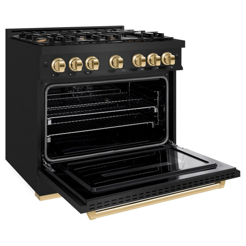 Autograph Edition 36 In. 5.2 Cu. Ft. Classic Gas Range With 6 Burner Cooktop And Convection Gas Oven In Black Stainless Steel And Polished Gold Accents CGRBZ36G