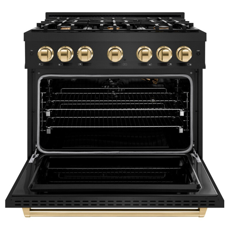 Autograph Edition 36 In. 5.2 Cu. Ft. Classic Gas Range With 6 Burner Cooktop And Convection Gas Oven In Black Stainless Steel And Polished Gold Accents CGRBZ36G