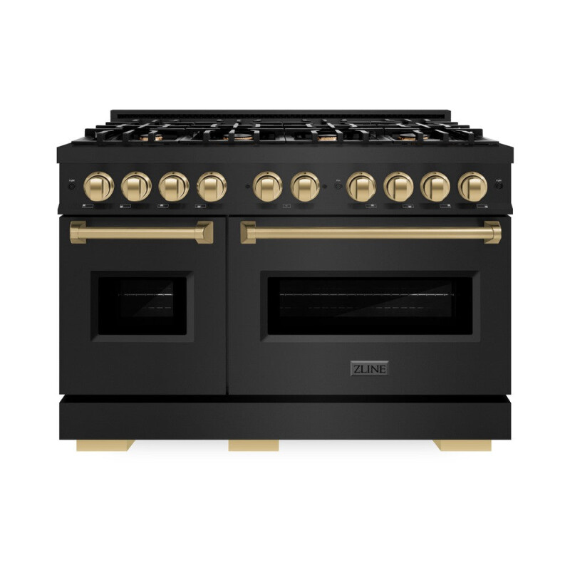 Autograph Edition 48 In. 6.7 Cu. Ft. Classic Double Oven Gas Range With 8 Burner Cooktop In Black Stainless Steel And Champagne Bronze Accents CGRBZ48CB