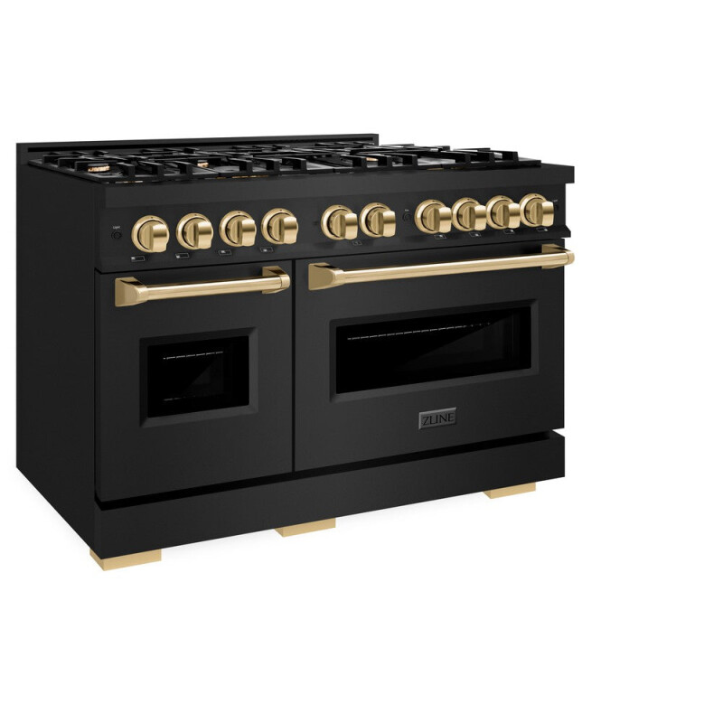 Autograph Edition 48 In. 6.7 Cu. Ft. Classic Double Oven Gas Range With 8 Burner Cooktop In Black Stainless Steel And Polished Gold Accents CGRBZ48G