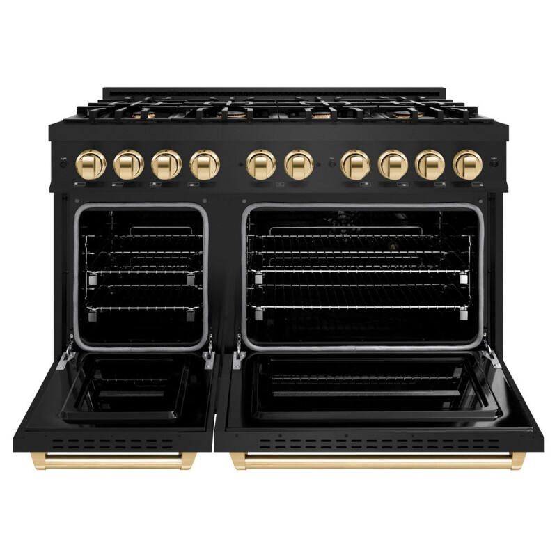 Autograph Edition 48 In. 6.7 Cu. Ft. Classic Double Oven Gas Range With 8 Burner Cooktop In Black Stainless Steel And Polished Gold Accents CGRBZ48G