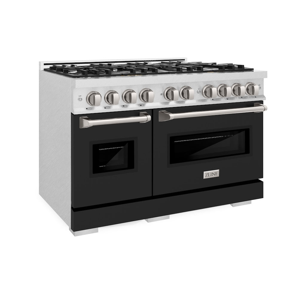 48 In. 6.7 Cu. Ft. Classic Double Oven Gas Range With 8 Burner Cooktop In Satin Stainless Steel With Black Matte Doors CGRSBLM48