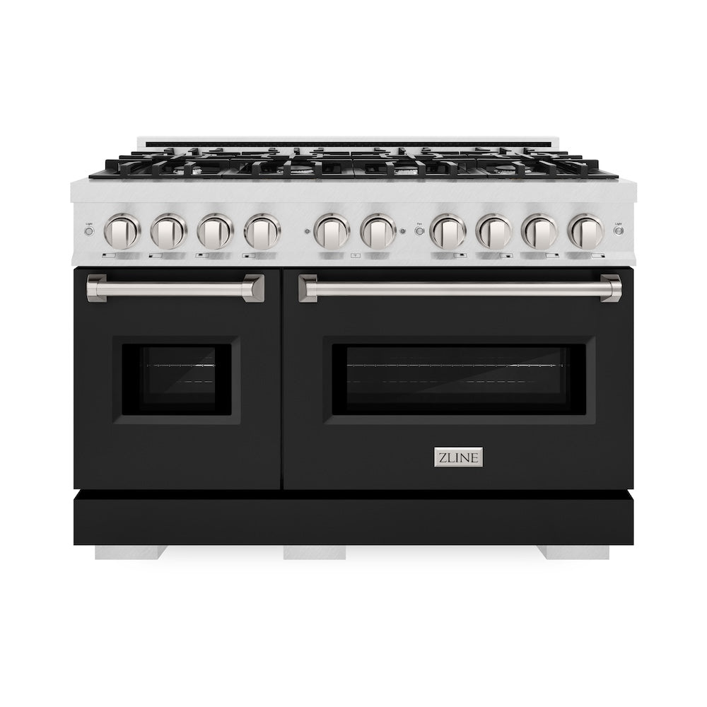 48 In. 6.7 Cu. Ft. Classic Double Oven Gas Range With 8 Burner Cooktop In Satin Stainless Steel With Black Matte Doors CGRSBLM48