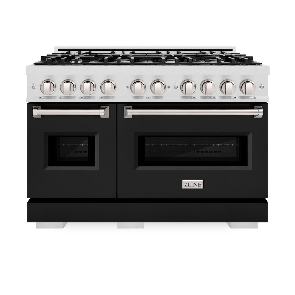 48 In. 6.7 Cu. Ft. Classic Double Oven Gas Range With 8 Burner Cooktop In Satin Stainless Steel With Black Matte Doors CGRSBLM48