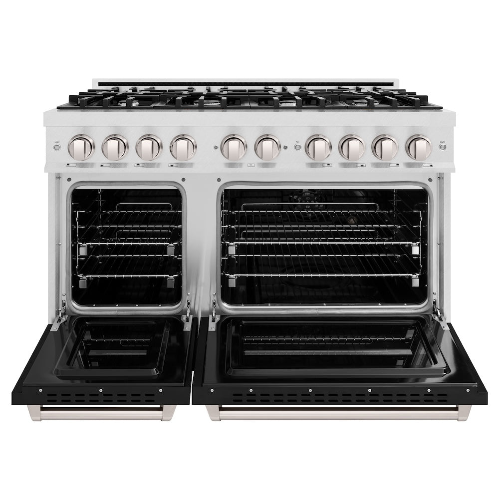 48 In. 6.7 Cu. Ft. Classic Double Oven Gas Range With 8 Burner Cooktop In Satin Stainless Steel With Black Matte Doors CGRSBLM48