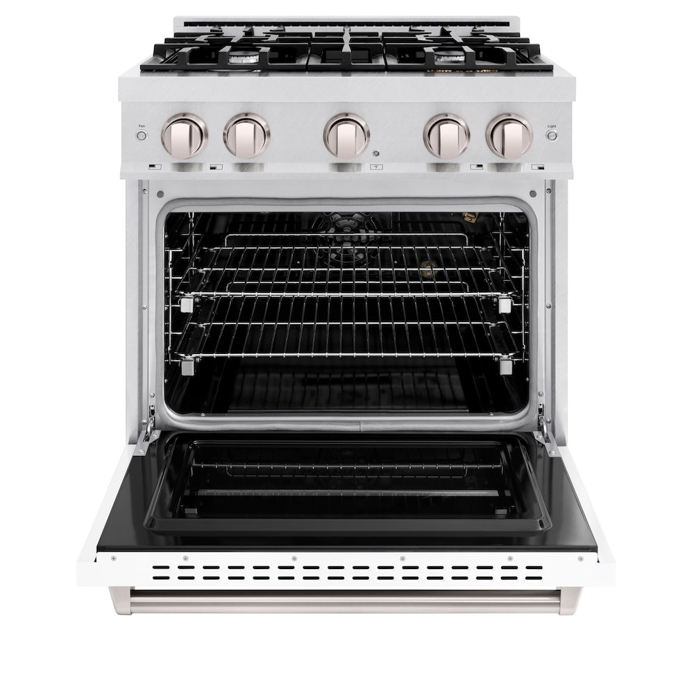 30 In. 4.2 Cu. Ft. Classic Gas Range With 4 Burner Cooktop And Convection Gas Oven In Satin Stainless Steel With White Matte Door CGRSWM30