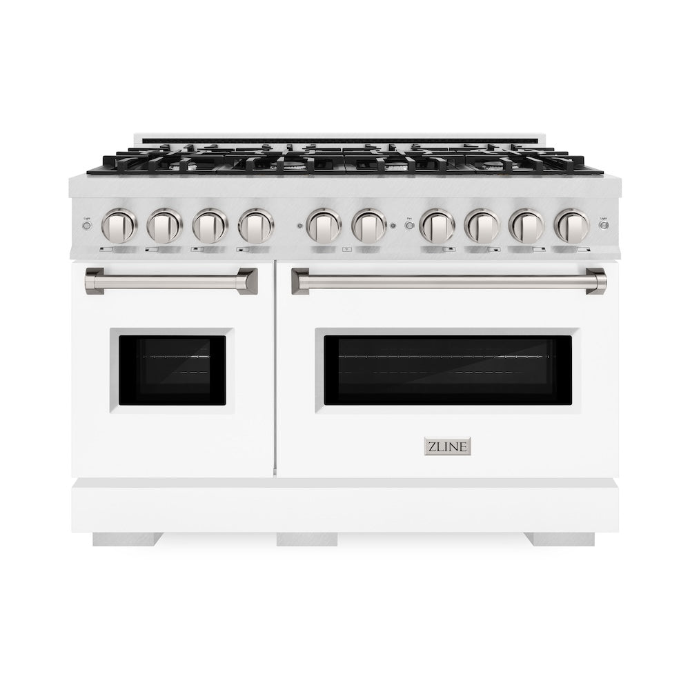 48 In. 6.7 Cu. Ft. Classic Double Oven Gas Range With 8 Burner Cooktop In Satin Stainless Steel With White Matte Doors CGRSWM48