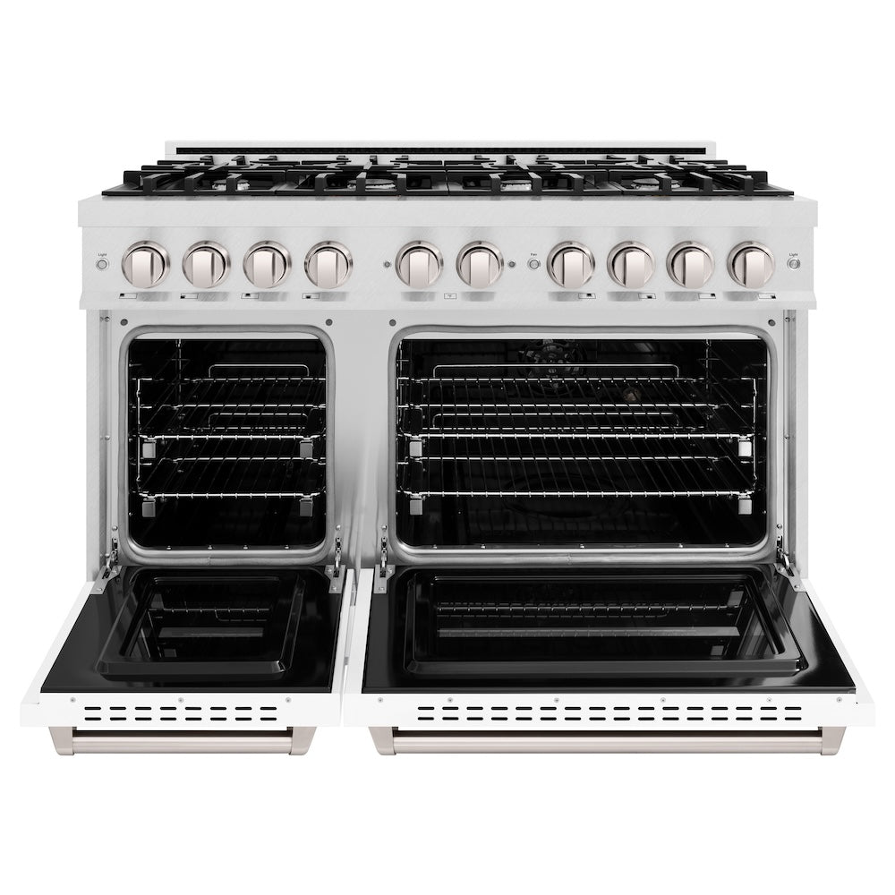 48 In. 6.7 Cu. Ft. Classic Double Oven Gas Range With 8 Burner Cooktop In Satin Stainless Steel With White Matte Doors CGRSWM48