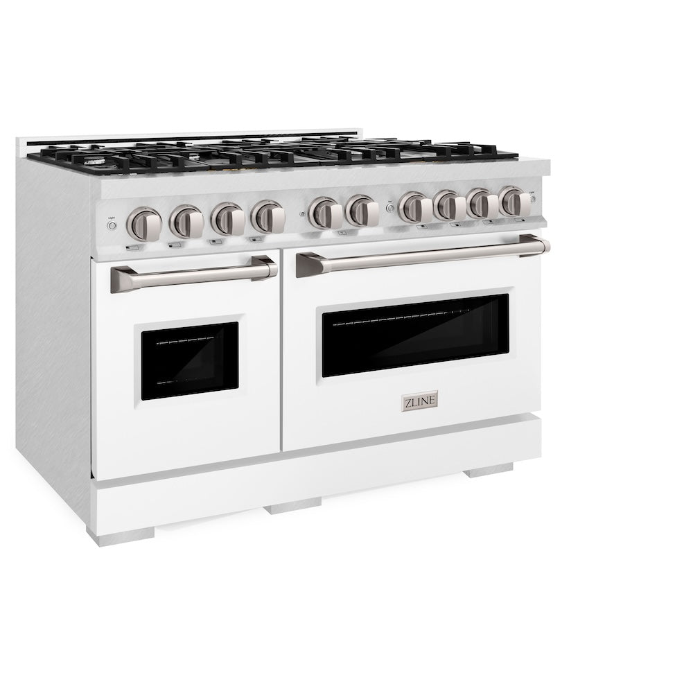 48 In. 6.7 Cu. Ft. Classic Double Oven Gas Range With 8 Burner Cooktop In Satin Stainless Steel With White Matte Doors CGRSWM48
