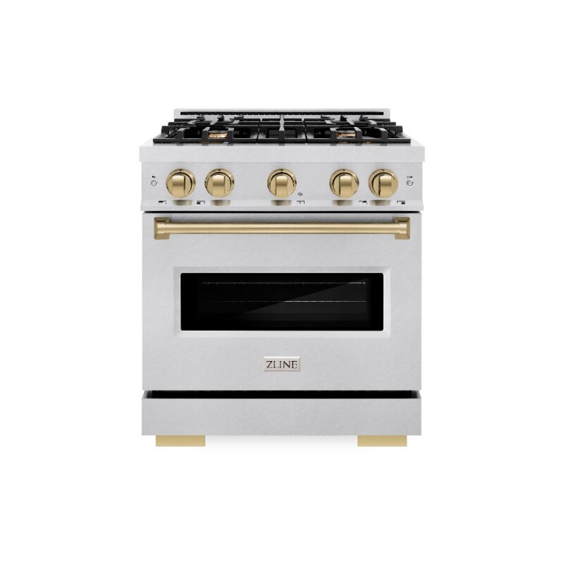 Autograph Edition 30 In. 4.2 Cu. Ft. Classic Gas Range With 4 Burner Cooktop And Convection Gas Oven In Satin Stainless Steel And Champagne Bronze Accents CGRSZ30CB