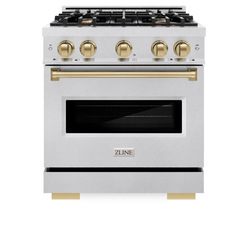 Autograph Edition 30 In. 4.2 Cu. Ft. Classic Gas Range With 4 Burner Cooktop And Convection Gas Oven In Satin Stainless Steel And Champagne Bronze Accents CGRSZ30CB