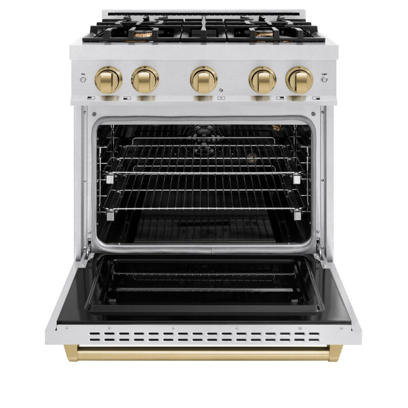 Autograph Edition 30 In. 4.2 Cu. Ft. Classic Gas Range With 4 Burner Cooktop And Convection Gas Oven In Satin Stainless Steel And Champagne Bronze Accents CGRSZ30CB