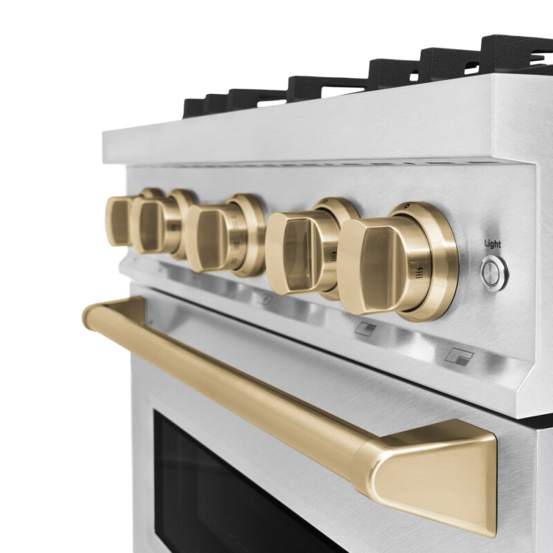Autograph Edition 30 In. 4.2 Cu. Ft. Classic Gas Range With 4 Burner Cooktop And Convection Gas Oven In Satin Stainless Steel And Champagne Bronze Accents CGRSZ30CB
