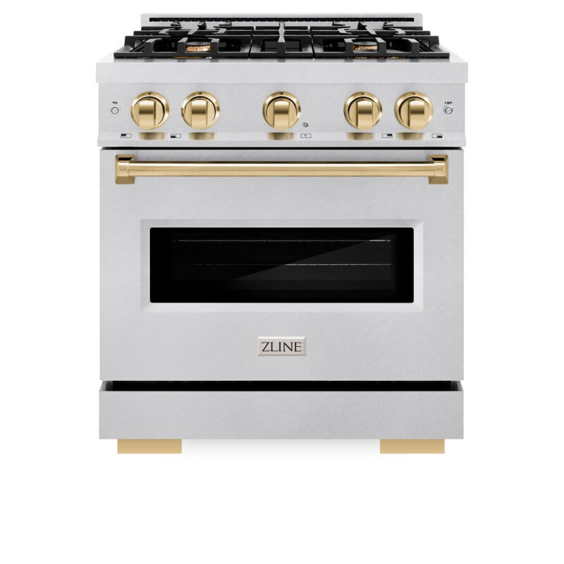 Autograph Edition 30 In. 4.2 Cu. Ft. Classic Gas Range With 4 Burner Cooktop And Convection Gas Oven In Satin Stainless Steel And Polished Gold Accents CGRSZ30G