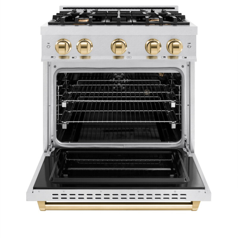 Autograph Edition 30 In. 4.2 Cu. Ft. Classic Gas Range With 4 Burner Cooktop And Convection Gas Oven In Satin Stainless Steel And Polished Gold Accents CGRSZ30G