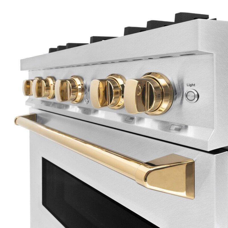 Autograph Edition 30 In. 4.2 Cu. Ft. Classic Gas Range With 4 Burner Cooktop And Convection Gas Oven In Satin Stainless Steel And Polished Gold Accents CGRSZ30G