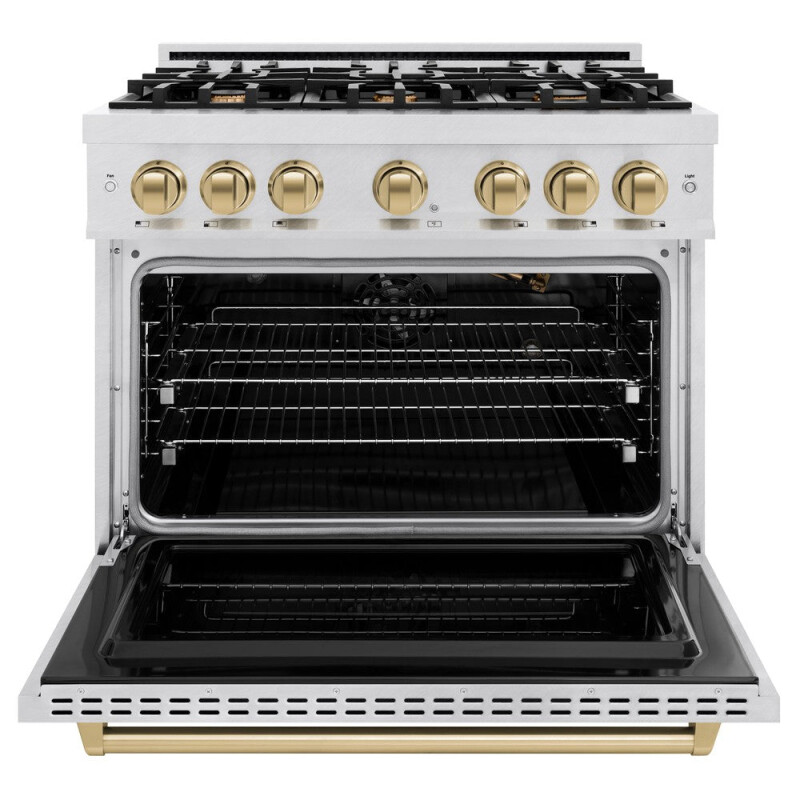 Autograph Edition 36 In. 5.2 Cu. Ft. Classic Gas Range With 6 Burner Cooktop And Convection Gas Oven In Satin Stainless Steel And Champagne Bronze Accents CGRSZ36CB