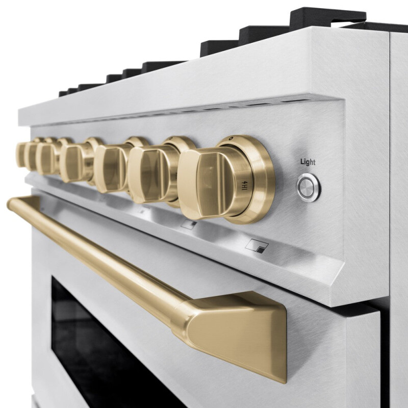 Autograph Edition 36 In. 5.2 Cu. Ft. Classic Gas Range With 6 Burner Cooktop And Convection Gas Oven In Satin Stainless Steel And Champagne Bronze Accents CGRSZ36CB